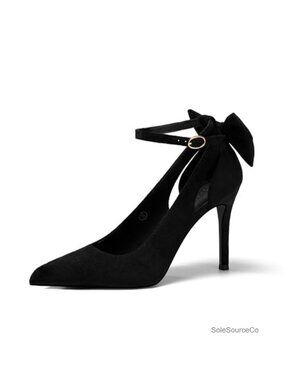 Faux Suede Pointed Toe Bow Heels Ankle Strap Stiletto Pumps